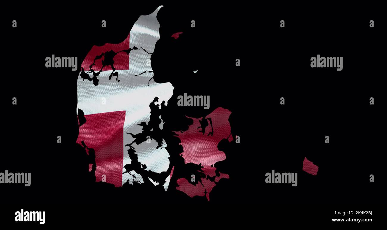 Forma della mappa della Danimarca con sfondo a bandiera ondulata. Profilo del canale alfa del paese. Foto Stock