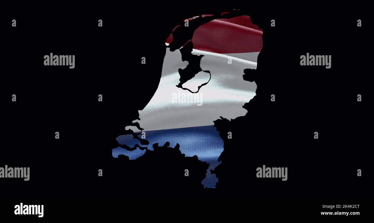 Forma della mappa dei Paesi Bassi con sfondo a bandiera ondulata. Profilo del canale alfa del paese. Foto Stock