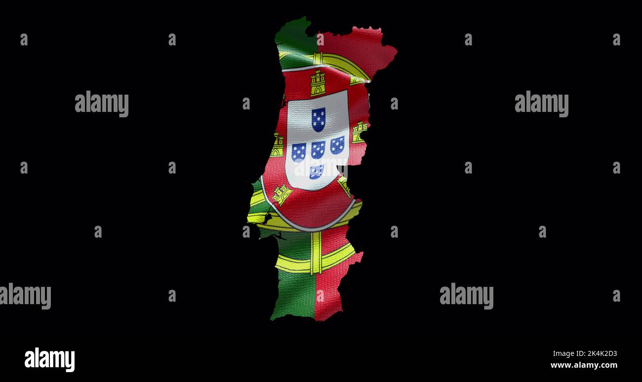 Forma della mappa del Portogallo con sfondo a bandiera ondulata. Profilo del canale alfa del paese. Foto Stock
