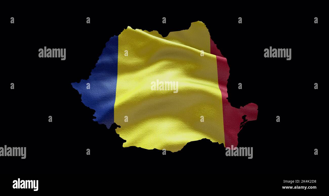 Forma della mappa della Romania con sfondo a bandiera ondulata. Profilo del canale alfa del paese. Foto Stock