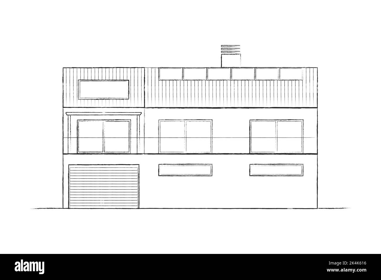 Disegno di architettura Vista frontale di un edificio con facciata. Pianta architettonica di una casa moderna. Illustrazione vettoriale Illustrazione Vettoriale
