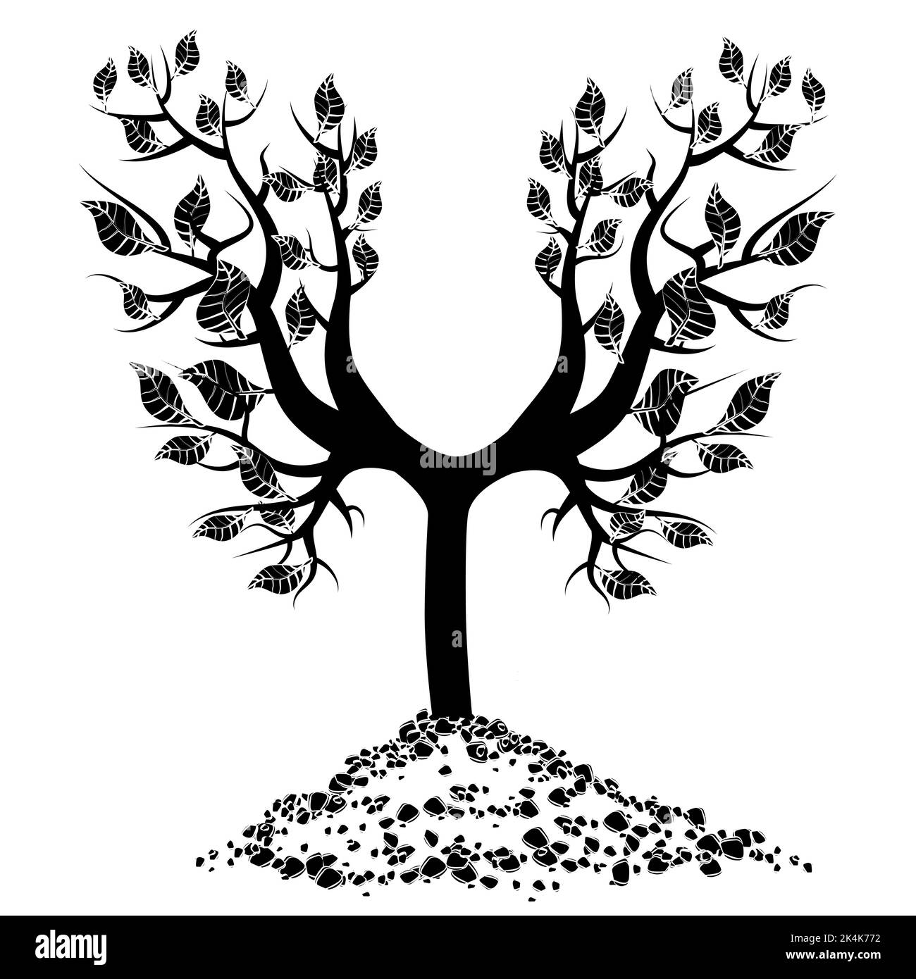 Silhouette di albero giovane con radici in mucchio di terreno isolato su bianco. Elemento di disegno vettoriale. Illustrazione Vettoriale