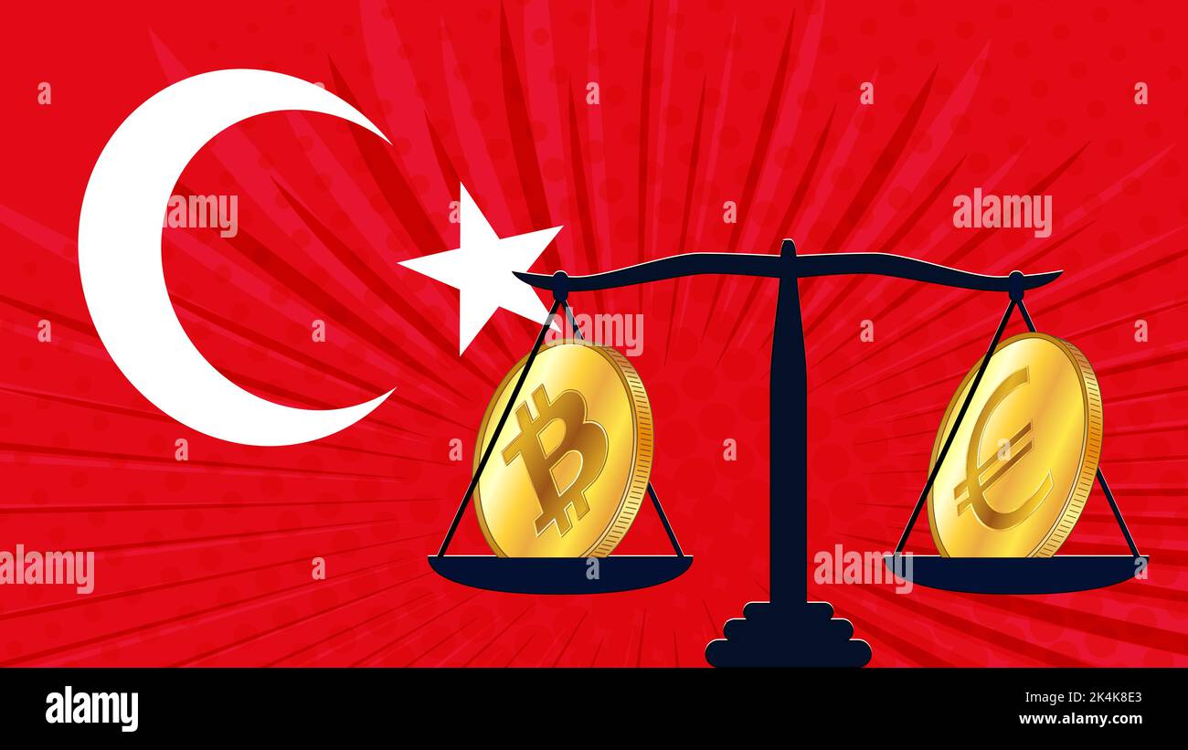 Moneta d'oro di Bitcoin BTC e Euro EUR su scale e bandiera colorata di Turchia sullo sfondo. La Banca Centrale di Turchia adotta leggi sui beni digitali CBDC. V Illustrazione Vettoriale