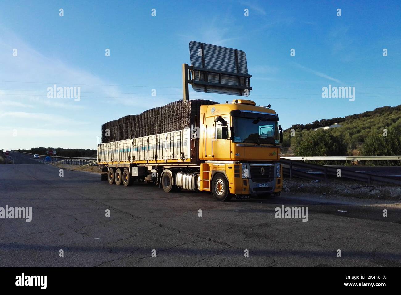Renault Magnum parcheggiato accanto all'autostrada. Provincia di Siviglia, Spagna. Foto Stock