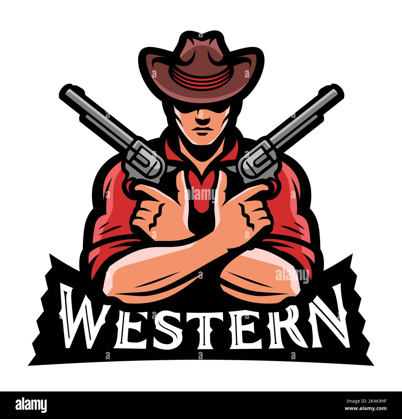 Uomo in cappello da cowboy e due rivoltatori. Emblema occidentale. Sparatutto con pistole, logo Guns. Illustrazione del vettore cartoon Illustrazione Vettoriale