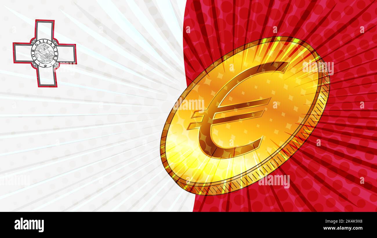 Bandiera maltese e moneta d'oro con segno di valuta Euro EUR. Concetto CBDC. Illustrazione vettoriale. Illustrazione Vettoriale