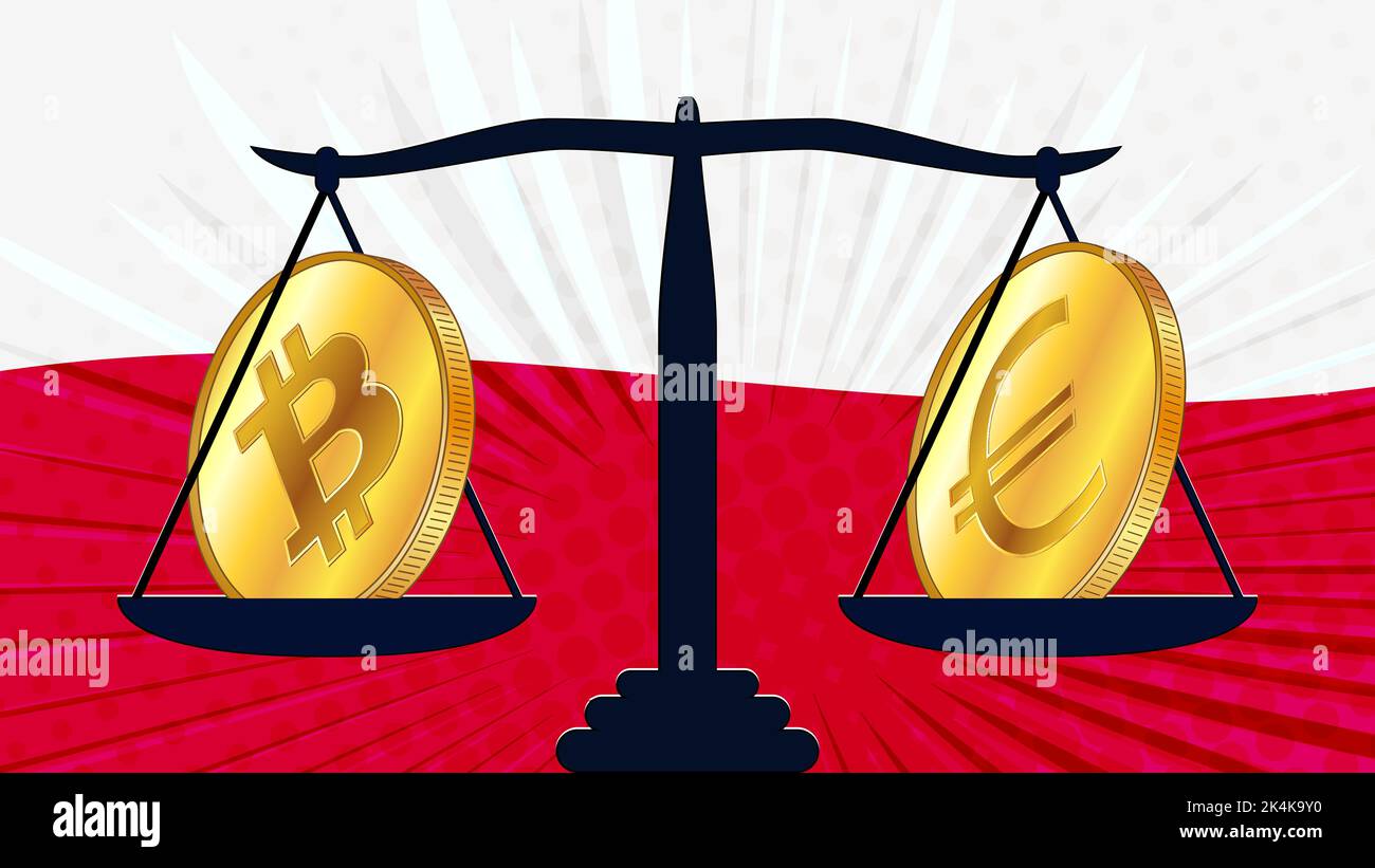 Moneta d'oro di Bitcoin BTC e Euro EUR su scale e bandiera colorata di Polonia sullo sfondo. La Banca centrale di Polonia adotta leggi sulle attività digitali CBDC. V Illustrazione Vettoriale