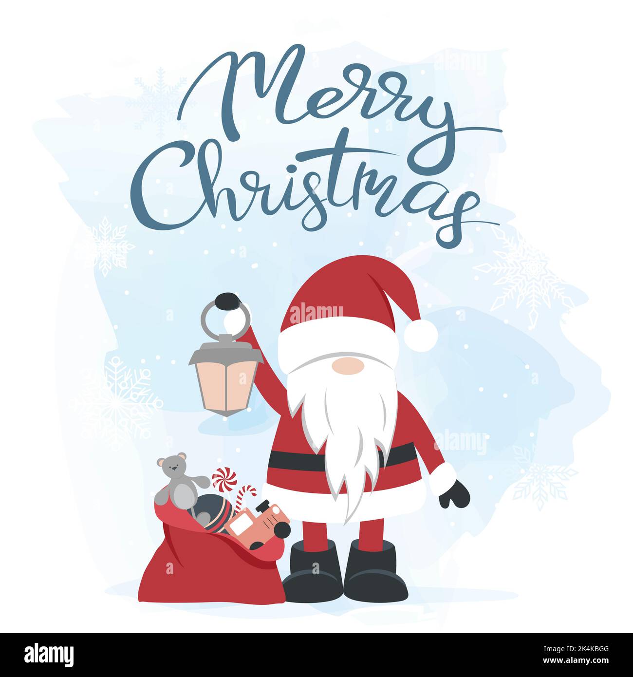 Biglietto di Natale. Babbo Natale con una borsa di regali su uno sfondo invernale. Vettore Illustrazione Vettoriale