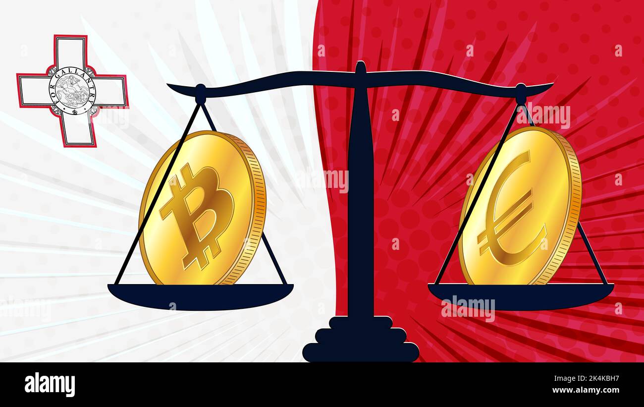 Moneta d'oro di Bitcoin BTC e Euro EUR su scala e bandiera colorata di Malta sullo sfondo. La Banca centrale di Malta adotta leggi sui beni digitali CBDC. VEC Illustrazione Vettoriale