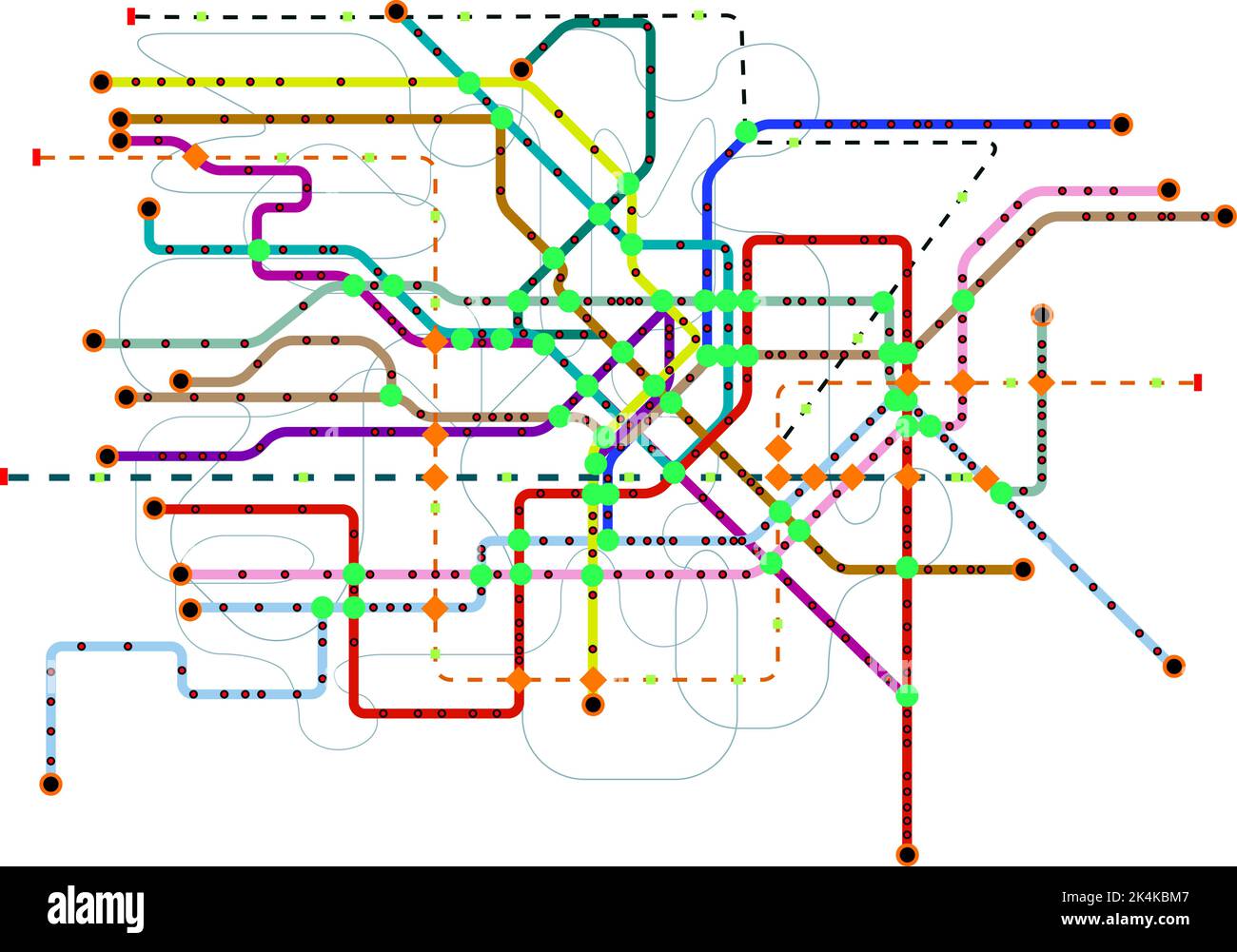 piano di trasporto pubblico, metropolitana, autobus, mappa del tram di una grande città, immaginario vettore illustrazione, mezzi di trasporto pubblico mock up spazio copia gratuito, Illustrazione Vettoriale