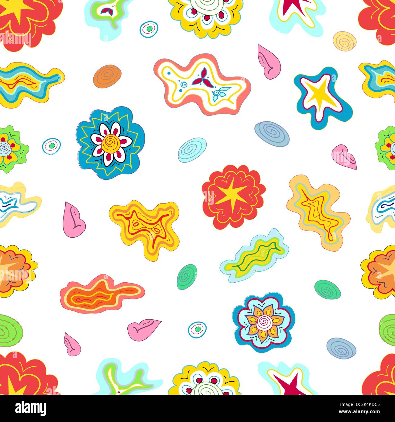 Motivo senza cuciture fatto di fiori stilizzati, stelle e nuvole Illustrazione Vettoriale