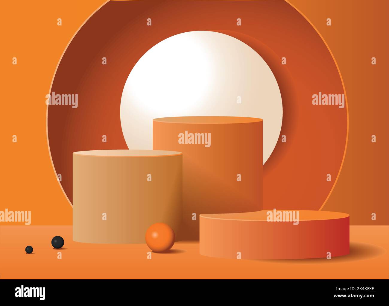 Astratto color crema 3D camera con set di realistici cilindri arancio e purpurpuri podio a piedistallo. Elemento forme geometriche. Scena minima per la presentazione del prodotto. Tavola rotonda per vetrina Illustrazione Vettoriale