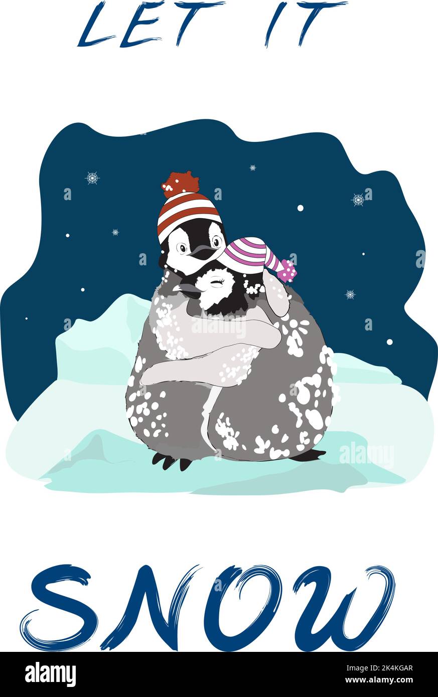 Pulcini di pinguino, ragazzo e ragazza, simpatici e sorridenti, in cappelli a maglia, in neve, abbracciati in campo artico, e frase Let it Snow Illustrazione Vettoriale