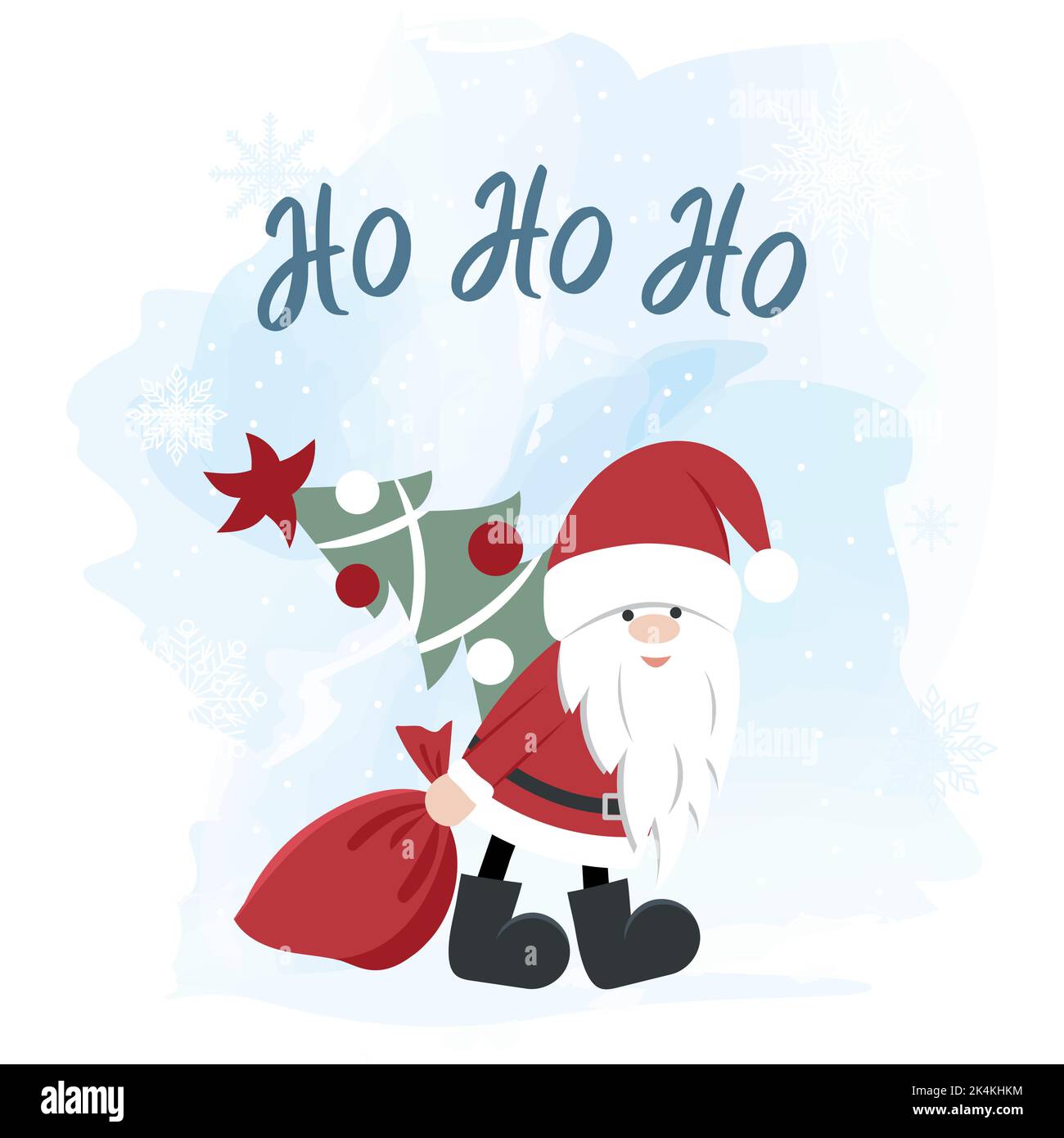 Biglietto di Natale con Babbo Natale e un albero di Natale su sfondo invernale. Vettore Illustrazione Vettoriale