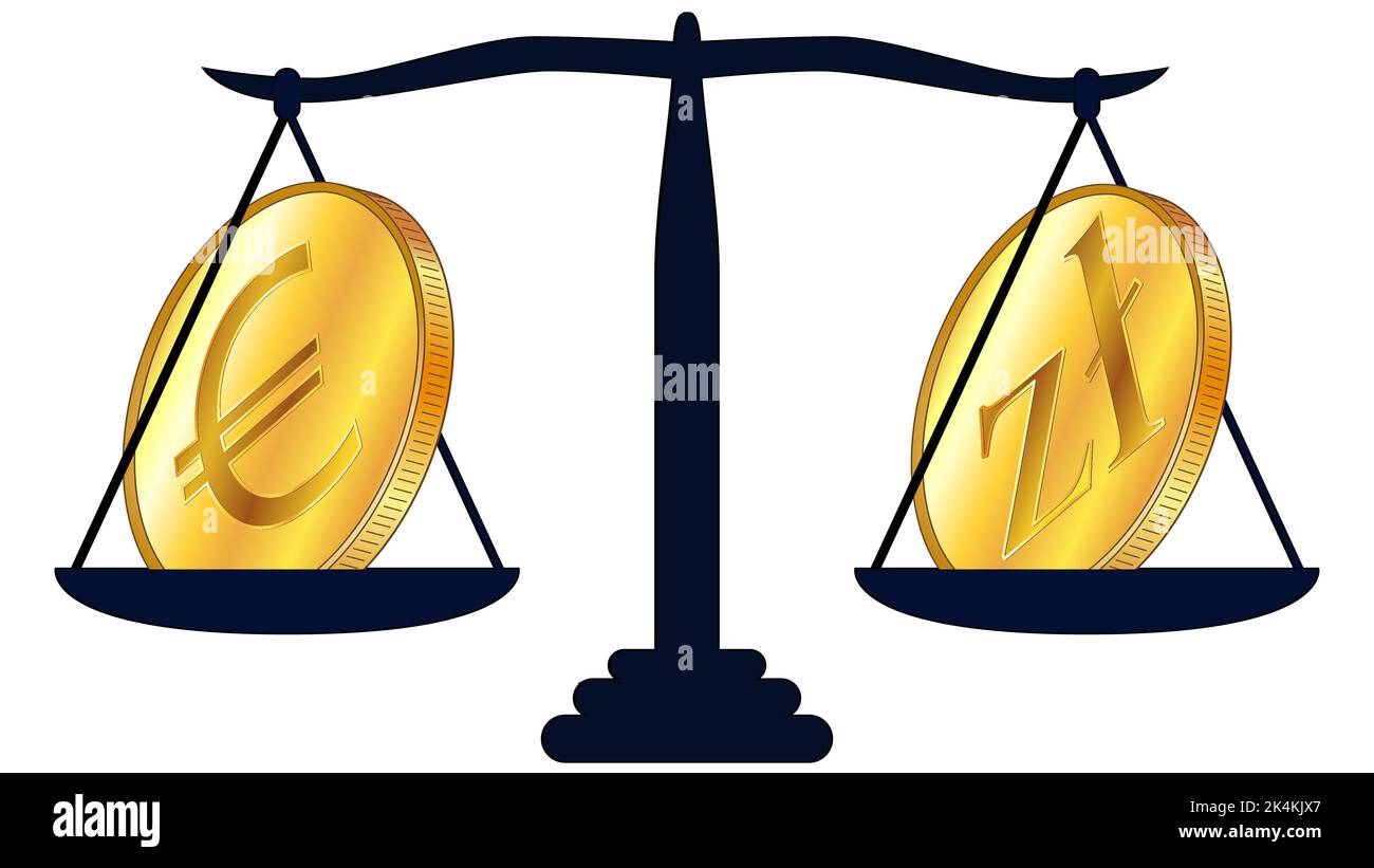 Moneta d'oro di Zloty PLN polacco e Euro EUR su scale isolate su fondo bianco. Leggi sui beni digitali CBDC. Elemento di disegno vettoriale. Illustrazione Vettoriale