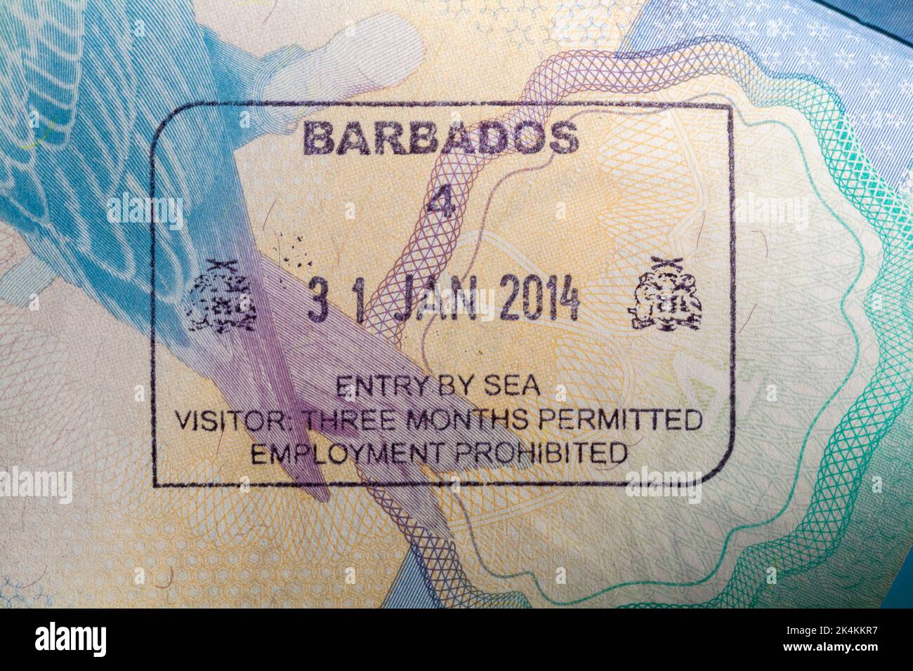 Ingresso alle Barbados con visitatori del mare tre mesi di occupazione permesso timbro vietato nel passaporto britannico 31 gennaio 2014 Foto Stock