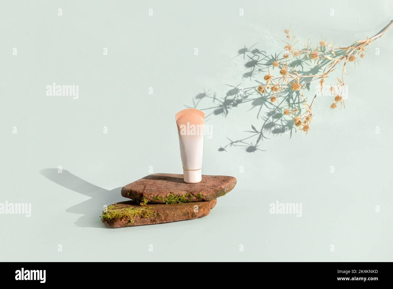 Crema cosmetica per la cura della pelle su fondo di pietre naturali piatte. Prodotti ecologici di bellezza biologica. Foto di alta qualità Foto Stock