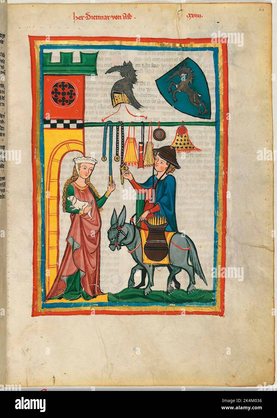 Il 'Codex Manesse', conosciuto anche come il 'Great Heidelberg Book of Songs' (Cod. Germe PAL. 848), è stata creata tra il 1300 e il 1340 a Zurigo ed è la più completa raccolta di ballate e poesia epigrammatica in lingua mediamente tedesca. Consiste di 426 foglie di pergamene, ciascuna di 35,5 x 25 cm, a due lati, impaginate in una mano successiva dello scriba. Inoltre il codice comprende 140 pagine vuote e numerose pagine parzialmente vuote. Grande Heidelberg Libro di canzoni. Grosse Heidelberger Liederhandschrift. Codex Manesse. Manoscritto illuminato, arte medievale Heidelberg, University Foto Stock