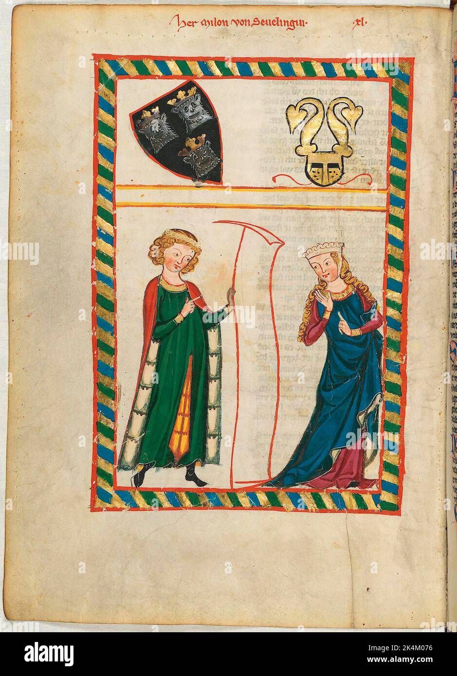 Il 'Codex Manesse', conosciuto anche come il 'Great Heidelberg Book of Songs' (Cod. Germe PAL. 848), è stata creata tra il 1300 e il 1340 a Zurigo ed è la più completa raccolta di ballate e poesia epigrammatica in lingua mediamente tedesca. Consiste di 426 foglie di pergamene, ciascuna di 35,5 x 25 cm, a due lati, impaginate in una mano successiva dello scriba. Inoltre il codice comprende 140 pagine vuote e numerose pagine parzialmente vuote. Grande Heidelberg Libro di canzoni. Grosse Heidelberger Liederhandschrift. Codex Manesse. Manoscritto illuminato, arte medievale Heidelberg, University Foto Stock