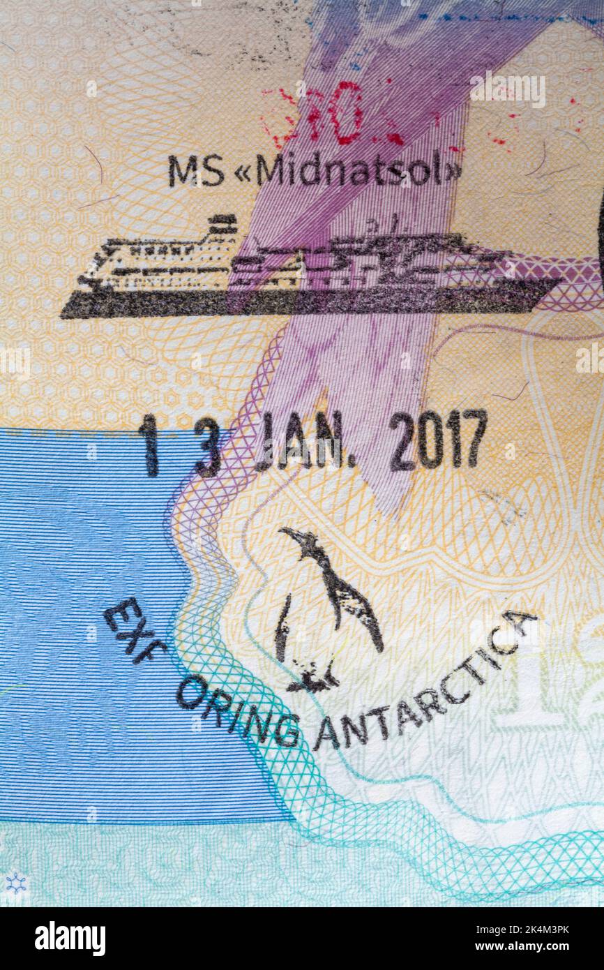 MS Midnatsol Exploring Antartide 13 gennaio 2017 francobollo nel passaporto britannico Foto Stock