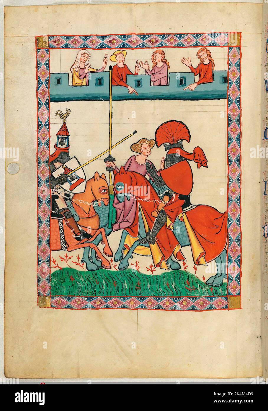 Il 'Codex Manesse', conosciuto anche come il 'Great Heidelberg Book of Songs' (Cod. Germe PAL. 848), è stata creata tra il 1300 e il 1340 a Zurigo ed è la più completa raccolta di ballate e poesia epigrammatica in lingua mediamente tedesca. Consiste di 426 foglie di pergamene, ciascuna di 35,5 x 25 cm, a due lati, impaginate in una mano successiva dello scriba. Inoltre il codice comprende 140 pagine vuote e numerose pagine parzialmente vuote. Grande Heidelberg Libro di canzoni. Grosse Heidelberger Liederhandschrift. Codex Manesse. Manoscritto illuminato, arte medievale Heidelberg, University Foto Stock