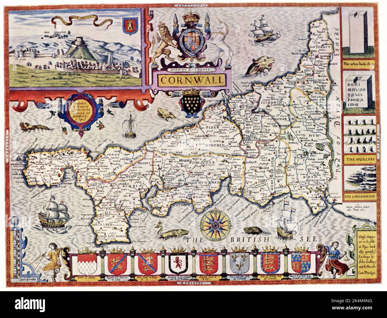 Cornwall, Inghilterra, 1611. Di John Speed (1551 o 1552-1629). Dal 'Teatro dell'Impero di Gran Bretagna', 1611. Il 'Teatro dell'Impero di Gran Bretagna' fu il primo tentativo inglese di creare un atlante su larga scala. Foto Stock