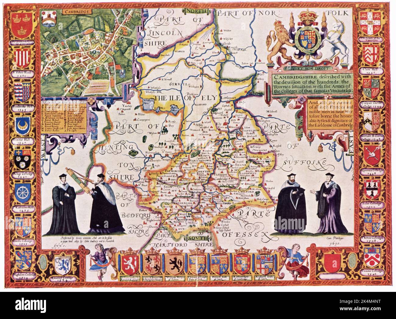 Cambridge, Inghilterra, 1611. Di John Speed (1551 o 1552-1629). Dal 'Teatro dell'Impero di Gran Bretagna', 1611. Il 'Teatro dell'Impero di Gran Bretagna' fu il primo tentativo inglese di creare un atlante su larga scala. Foto Stock