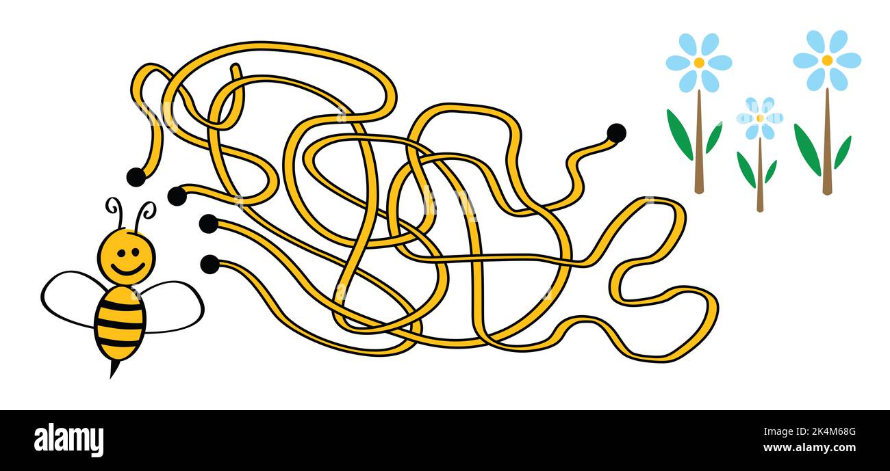 Labirinto, gioco di labirinto. Gioco educativo per bambini. Ape volante. Cartone animato, faccia sorridente dell'ape felice. Astratto sfondo giallo alveare. Celle a nido d'ape pa Foto Stock