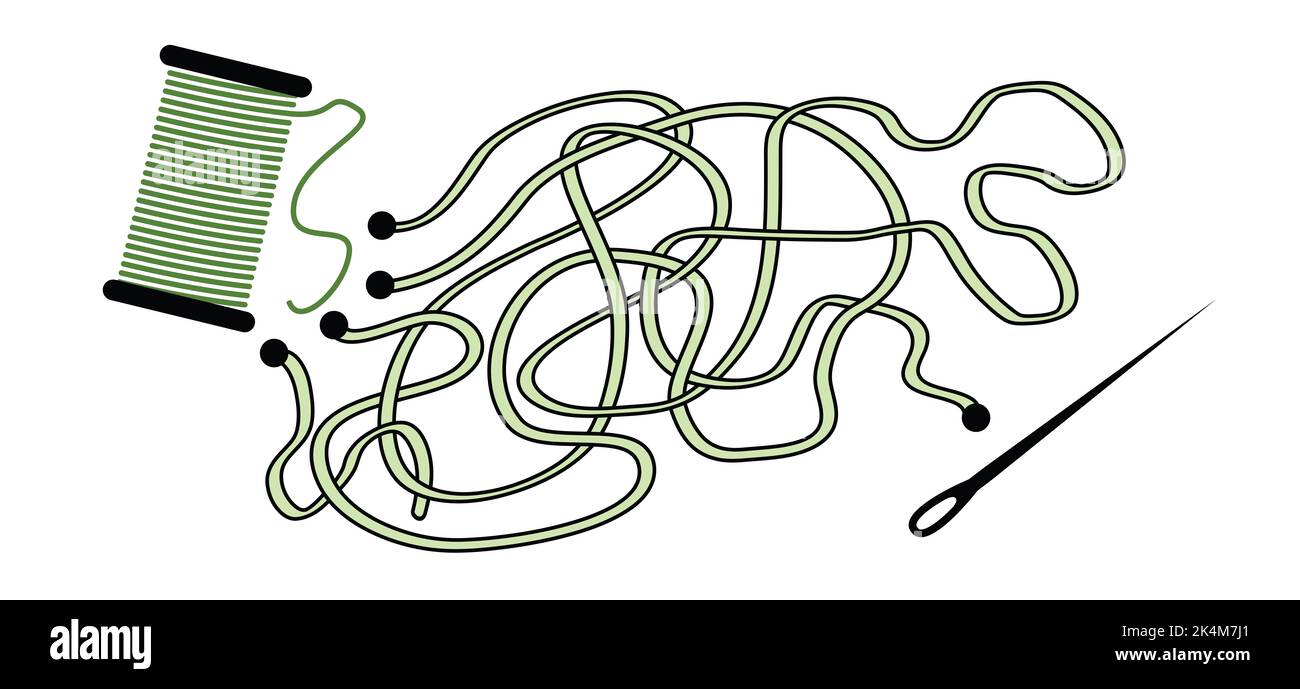 Labirinto, gioco di labirinto. Gioco educativo per bambini. Rotolo di filato o boll. Ago cartone animato con filo. Pittogramma dell'ago. Icona vettore filo nero piatto. Per Foto Stock
