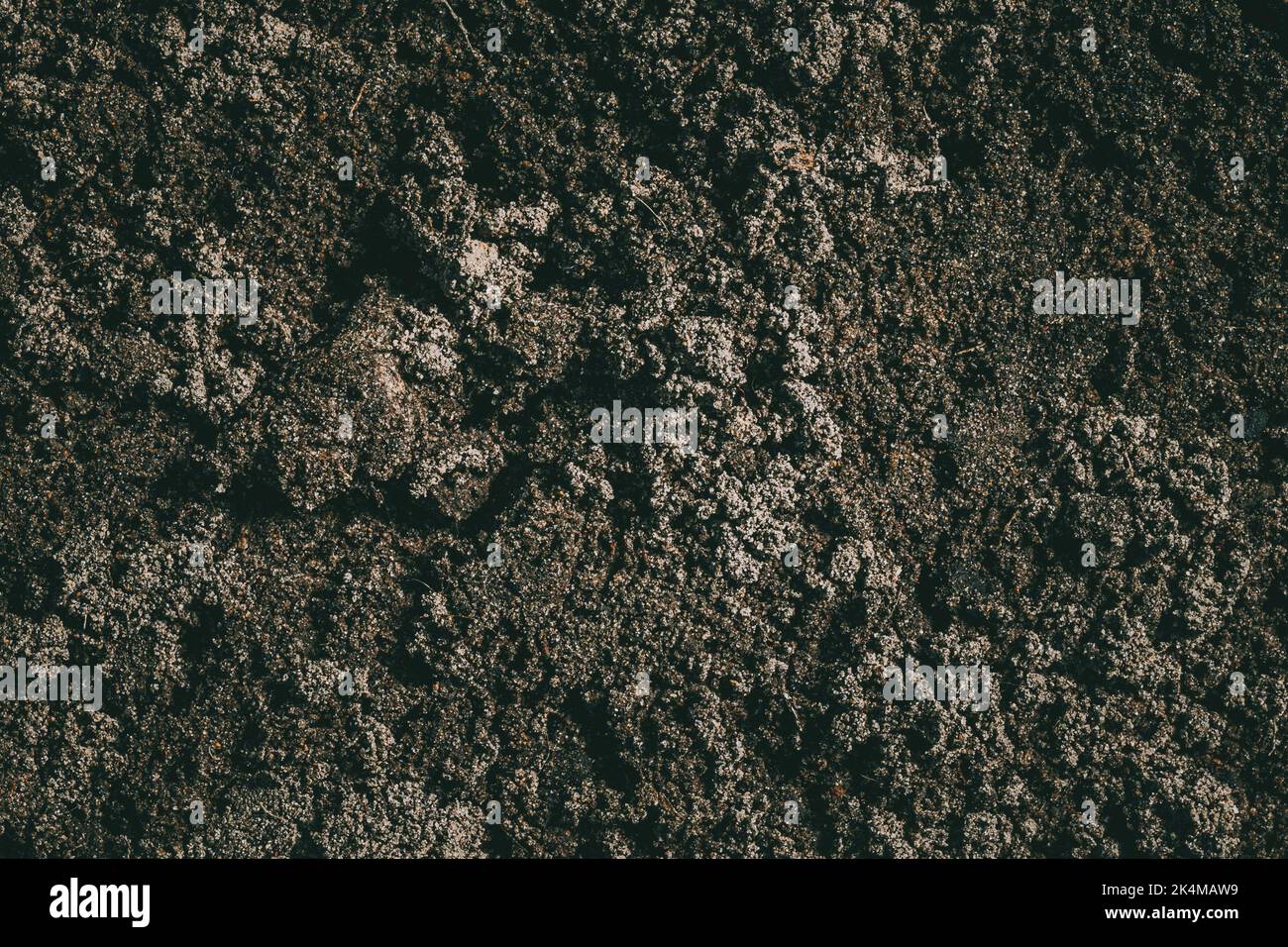 Nero terreno scuro sporco Backdprop Texture, modello naturale. Vista dall'alto piatta. Terra agricola sfondo. Foto Stock