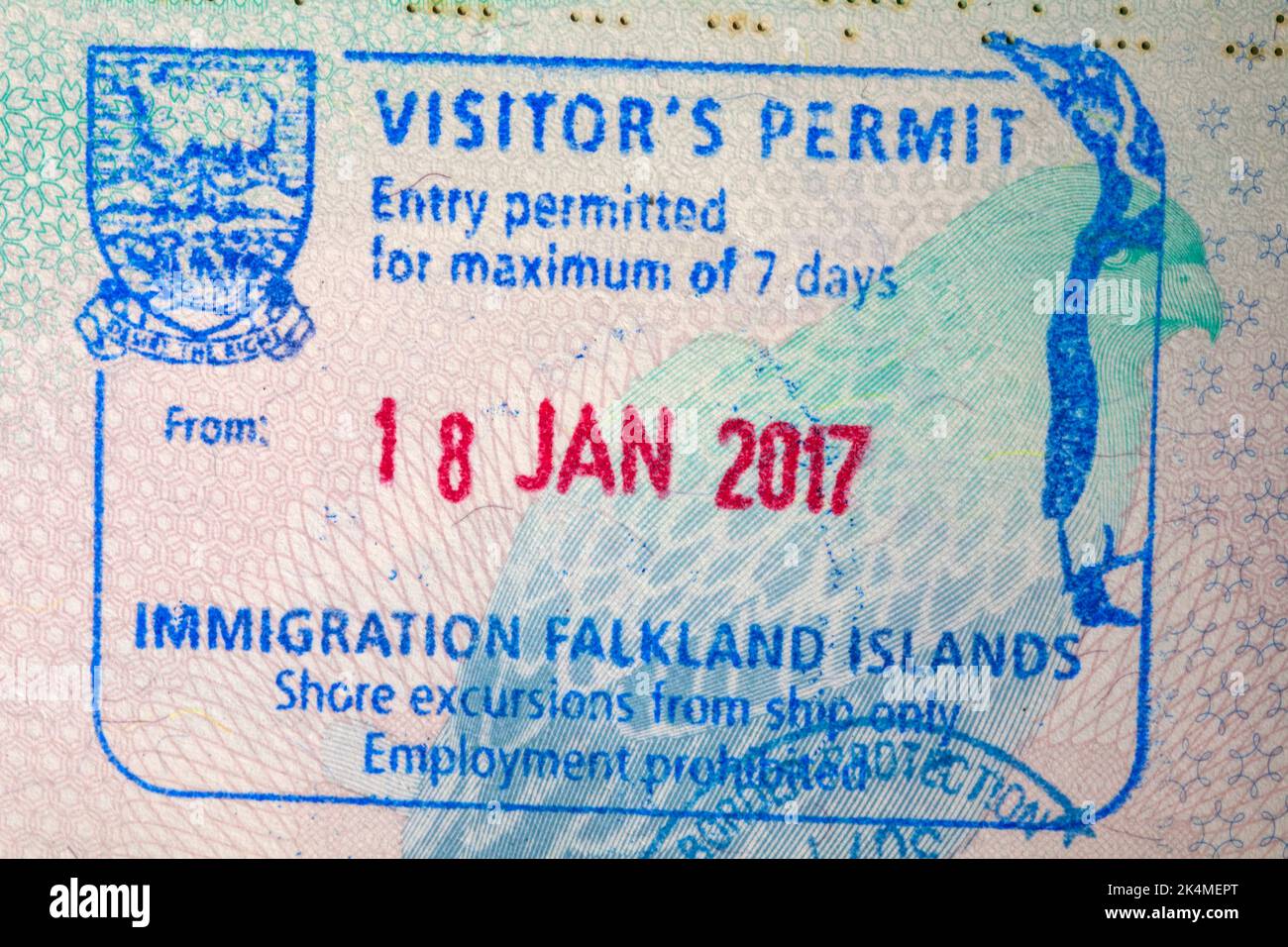 I visitatori permettono l'ingresso alle Isole Falkland Immigration per un massimo di 7 giorni 18 gennaio 2017 francobollo sul passaporto britannico Foto Stock