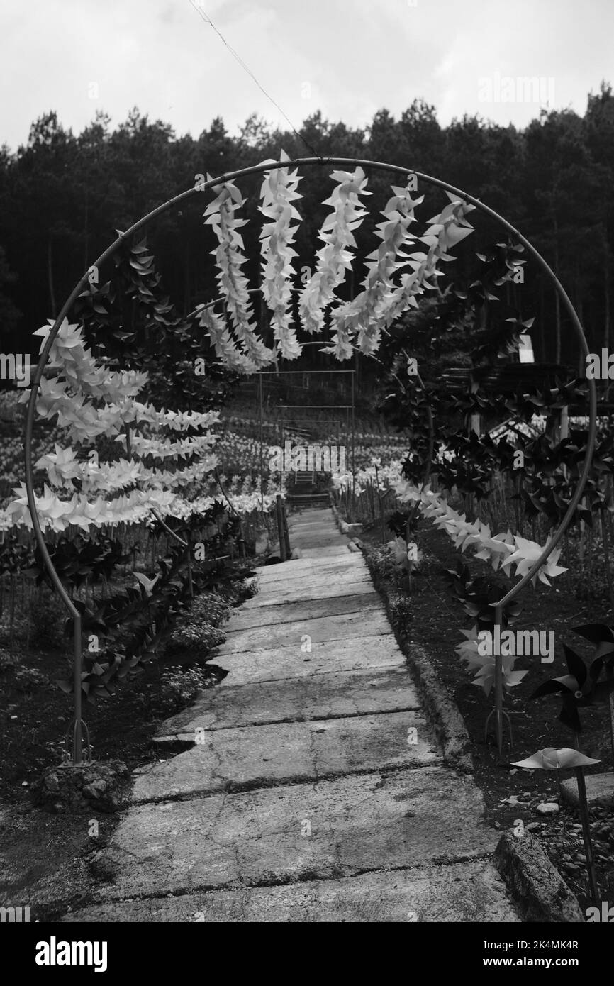 Foto in bianco e nero di un mulino a vento che adorna il tunnel al Parco Zandea nella zona collinare di Cikancung - Indonesia Foto Stock