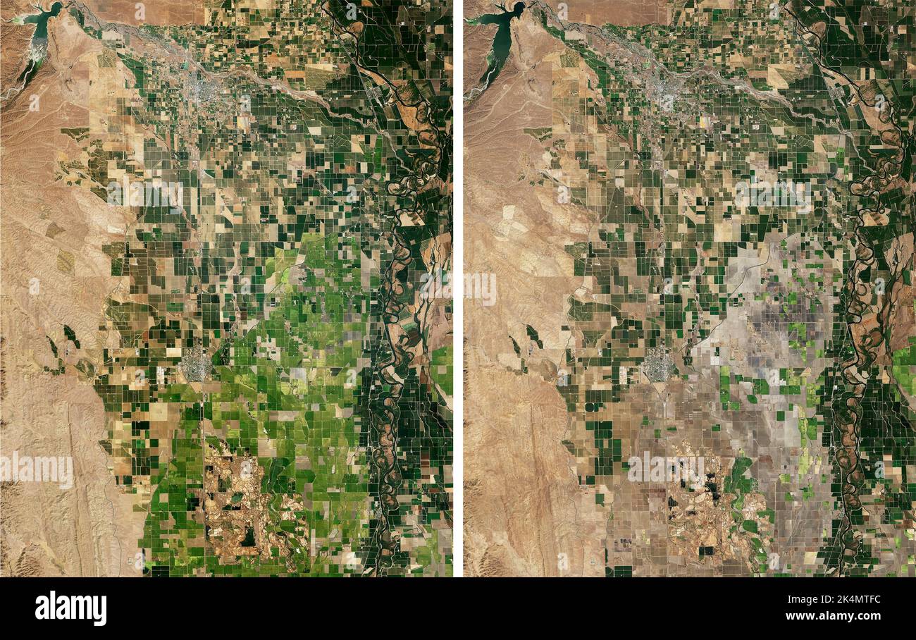 Greenbelt, Stati Uniti d'America. 03rd Ott 2022. Greenbelt, Stati Uniti d'America. 03 ottobre 2022. Vista comparativa della regione di coltivazione del riso della Sacramento Valley che ha perso quasi il 75% della produzione a causa delle condizioni di siccità estreme a est di Willows, California. L'immagine a sinistra mostra il verde con la normale produzione del 4 settembre 2021. La giusta immagine è perlopiù marrone a causa della siccità e della scarsità di acqua il 16 settembre 2022. Credit: Landsat 8/NASA/Alamy Live News Foto Stock
