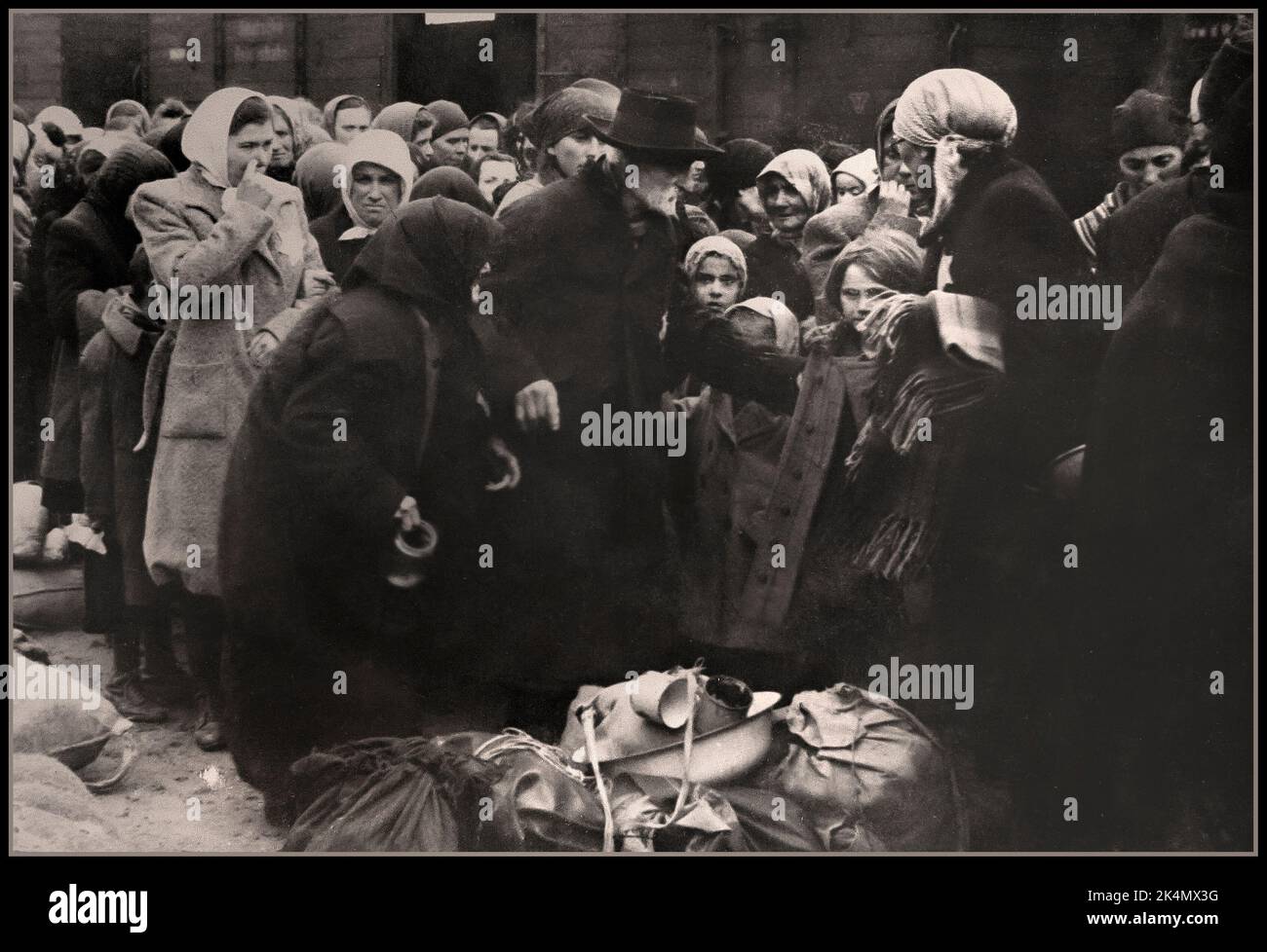 Ebrei di Rus Sucarpathian attendono la selezione sulla rampa di Auschwitz-Birkenau. Foto Stock