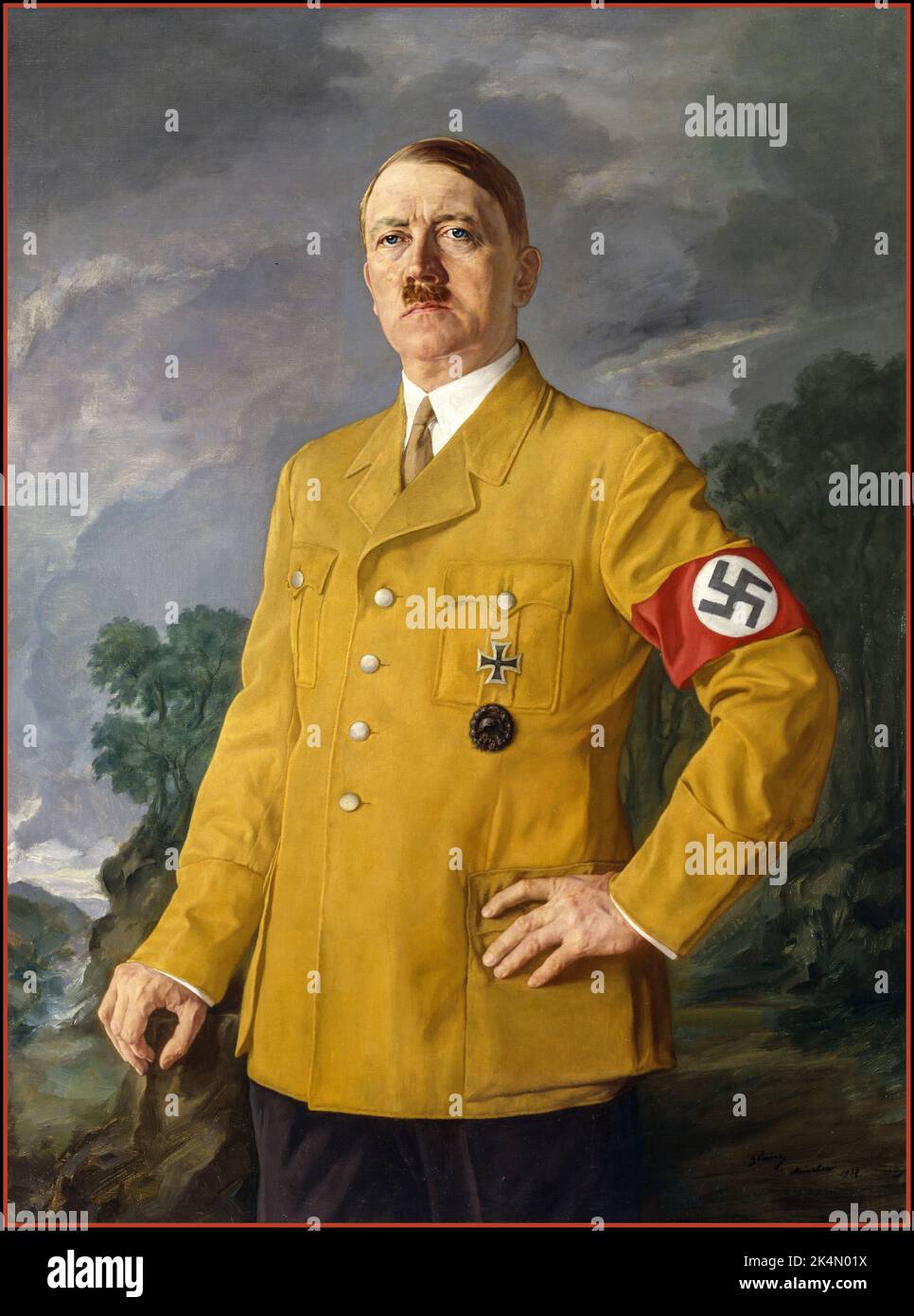 Adolf Hitler OLIO PITTURA Der Führer Gemälde Adolf Hitler Ritratto Pittura di Adolf Hitler in uniforme con fascia da braccio swastika by Heinrich Knirr Austriaco pittore tedesco nato 1937 Foto Stock