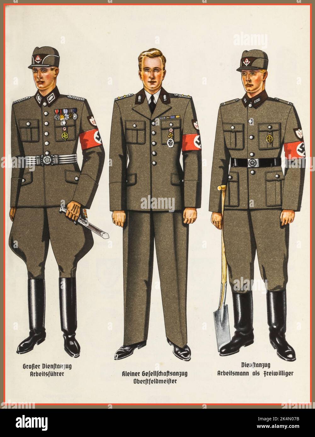 RAD uniformi naziste del Reich Labour Service (Reichsarbeitsdienst; RAD), una grande organizzazione fondata nella Germania nazista come agenzia del lavoro per contribuire a mitigare gli effetti della disoccupazione sull'economia tedesca, militarizzare la forza lavoro e indoctrinarla con l'ideologia nazista. Il servizio pubblico ufficiale del lavoro è stato suddiviso in sezioni separate per uomini e donne. A partire dal 1935, gli uomini di età compresa tra i 18 e i 25 anni possono aver servito sei mesi prima del loro servizio militare. Foto Stock