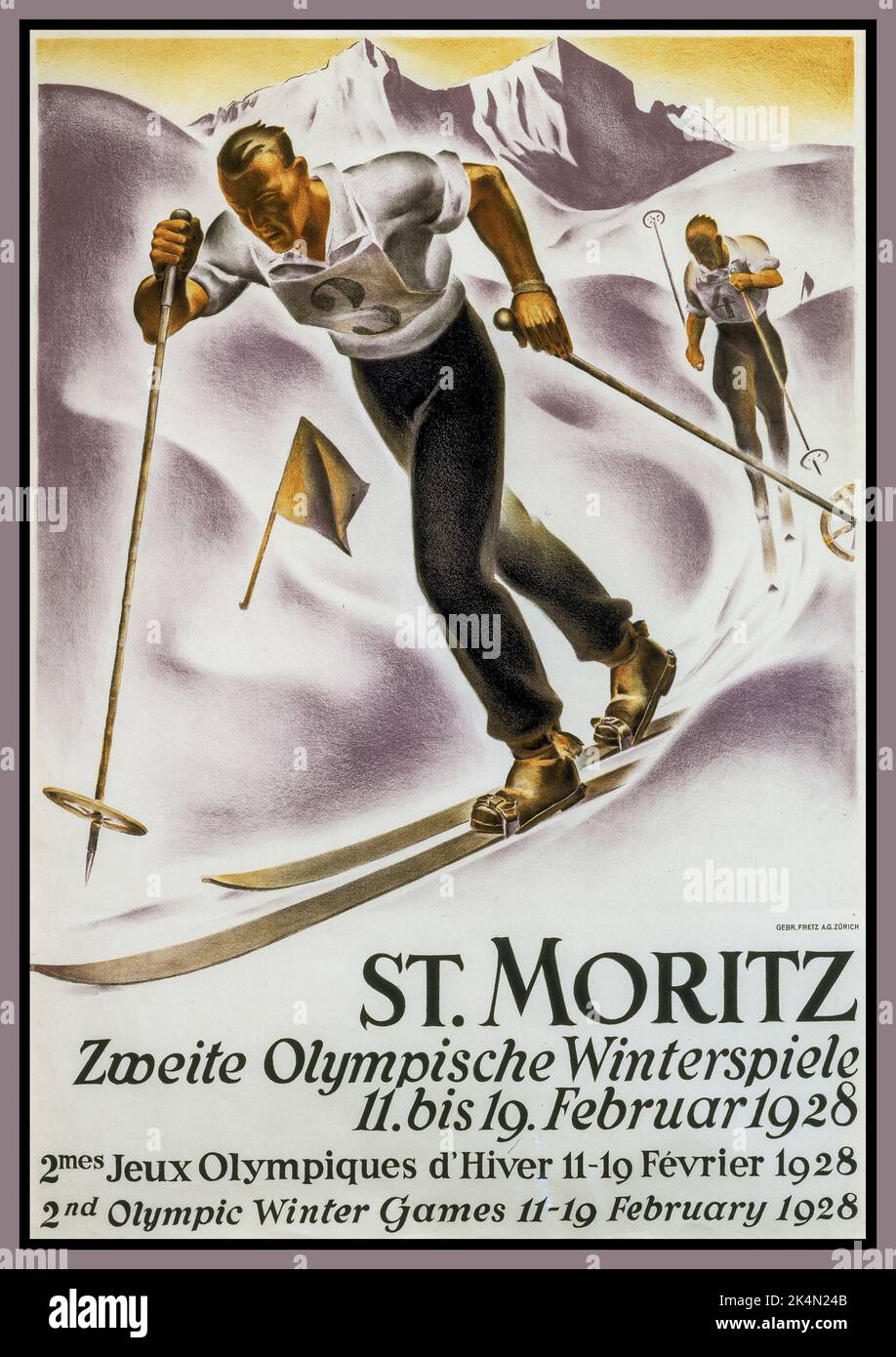 Poster vintage di St. Moritz 2nd Giochi Olimpici 11-19 febbraio 1928 con sciatori slalom in gara di sci litografia retro Illustrazione neve invernale St. Moritz Svizzera Foto Stock