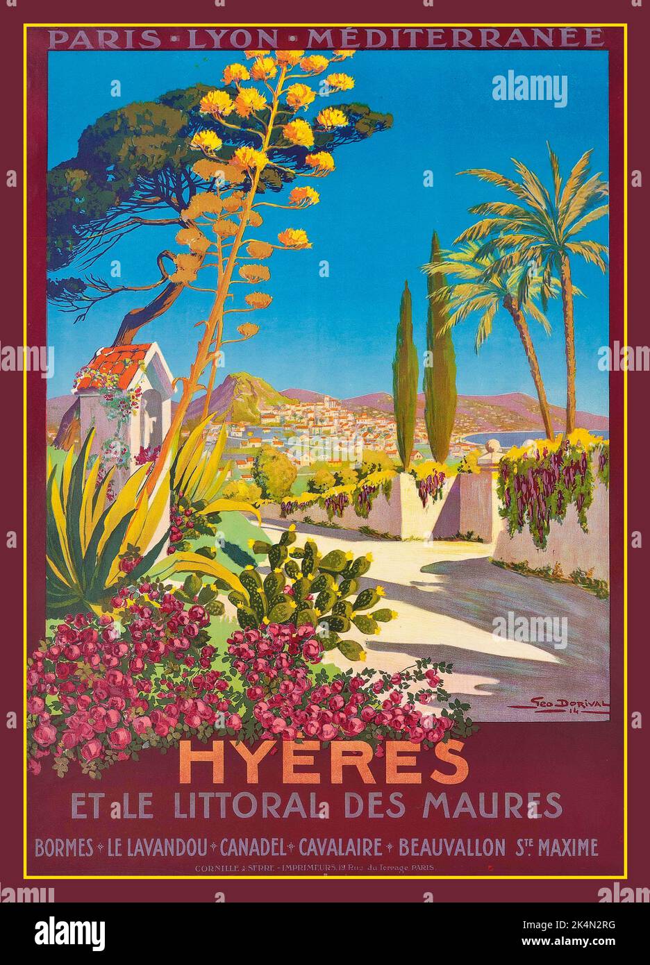 Vintage French Travel Poster HYÈRES et le litoral des maures, litografia a colori di George Dorival, 1900s, compagnie des chemins de fer de Paris à Lyon et à la Méditerranée conosciuta semplicemente come PLM una compagnia ferroviaria francese. 1914 stampato da Cornille & Serre Paris Francia Foto Stock