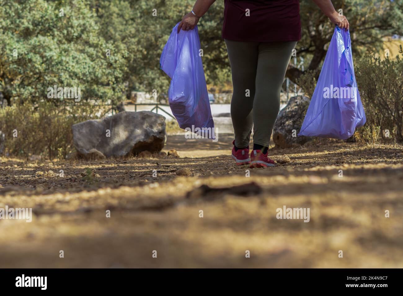 ecologist della donna con i sacchetti di immondizia che raccolgono l'immondizia dal campo Foto Stock