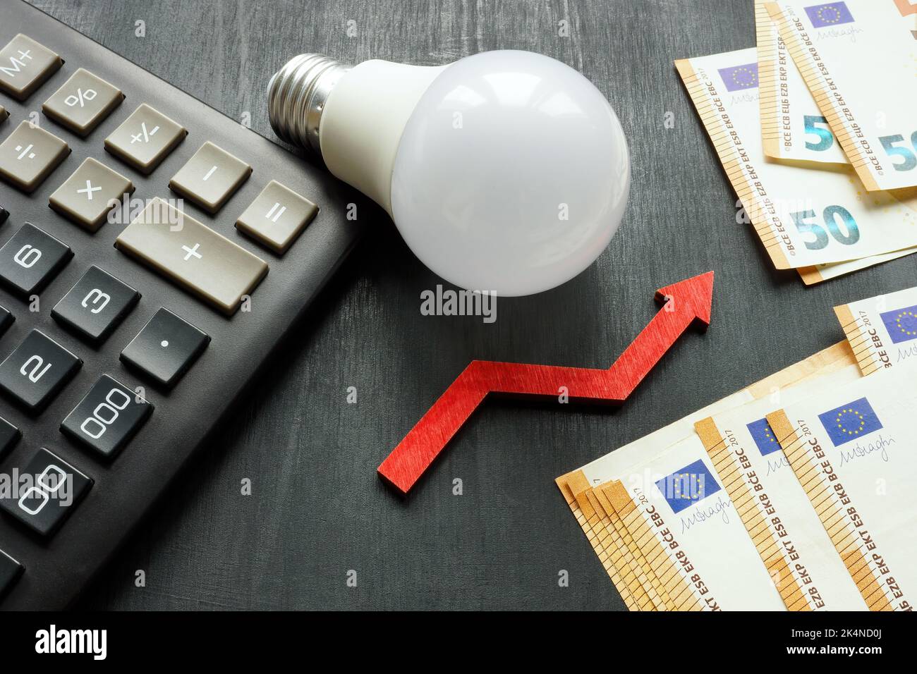 Lampadina, calcolatrice ed euro a pagamento per l'elettricità. Aumento dei costi delle utenze. Foto Stock