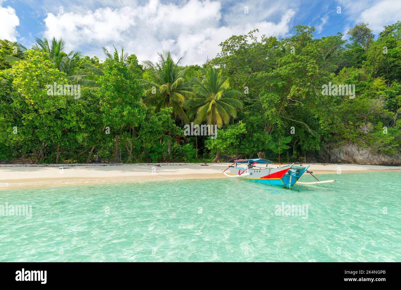 Tradizionali barche da pesca in legno e splendida spiaggia indonesiana. Bellissima spiaggia indonesiana Foto Stock