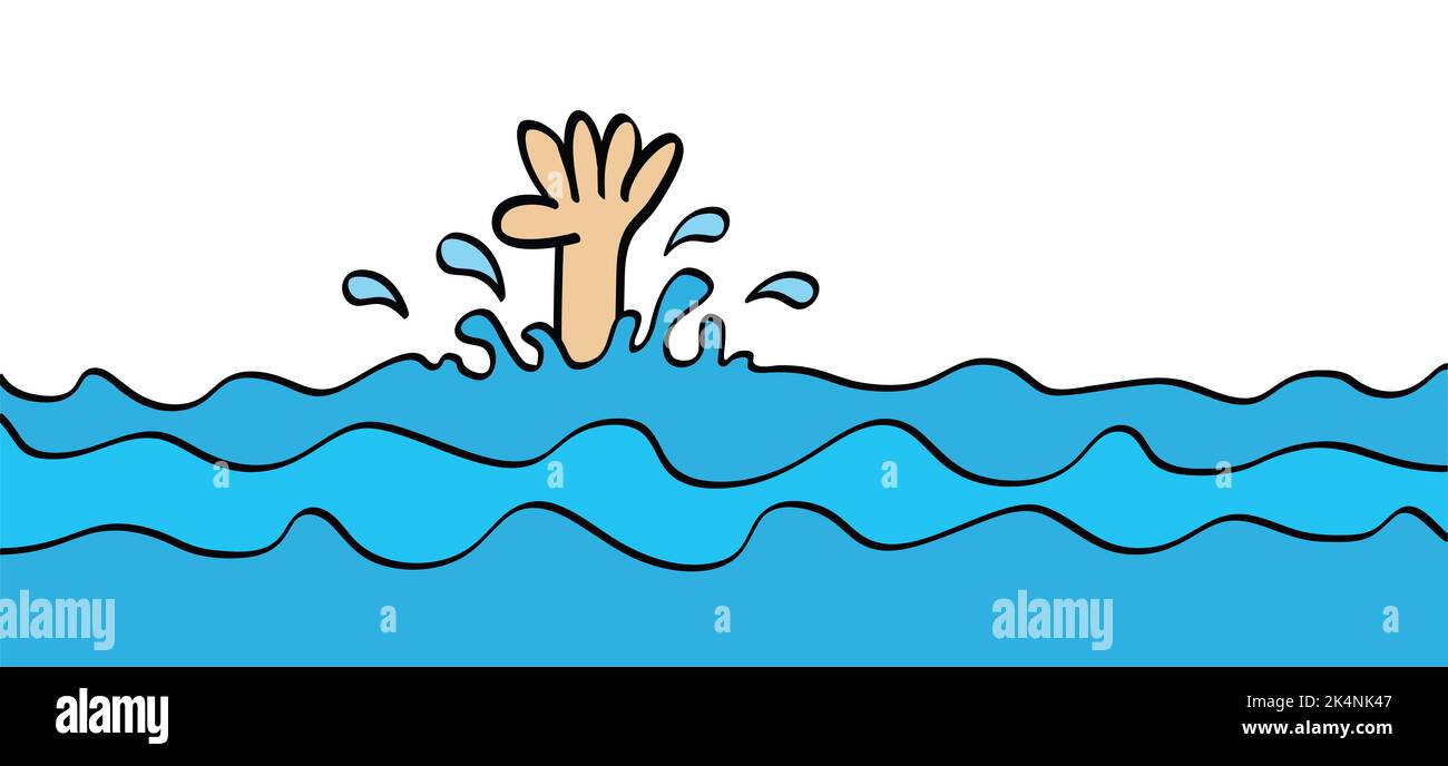 Cartoni animati, uomo o donna e la sua mano annegano, hanno bisogno di aiuto. Annegamento delle vittime. Concetto di fallimento e salvataggio. Verctor mare, acqua simbolo o icona. Poll Foto Stock