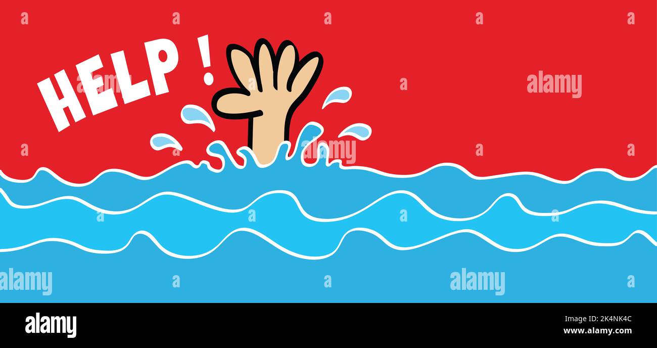 Cartoni animati, uomo o donna e la sua mano annegano, hanno bisogno di aiuto. Annegamento delle vittime. Concetto di fallimento e salvataggio. Verctor mare, acqua simbolo o icona. Poll Foto Stock