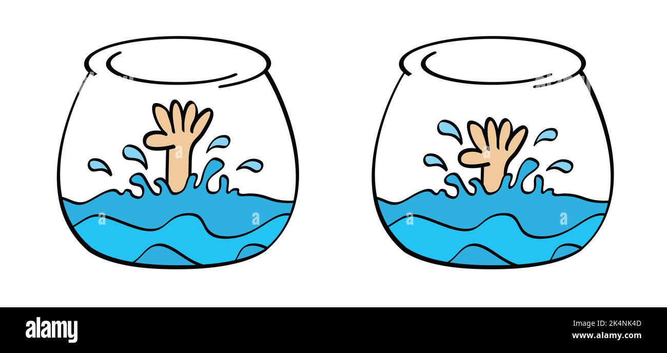 Cartoon fishbowl o Aquarium. Persone, uomo o donna e la sua mano che annegano, hanno bisogno di aiuto. Annegamento delle vittime. Concetto di fallimento e salvataggio. Verctor mare, wat Foto Stock