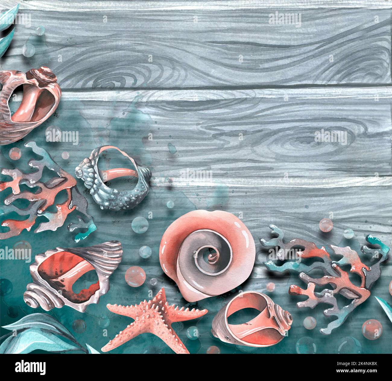 Conchiglie e stelle marine diverse, coralli in acqua sullo sfondo di un asse di legno. Illustrazione acquerello. Un modello da un grande set di BALENE Foto Stock