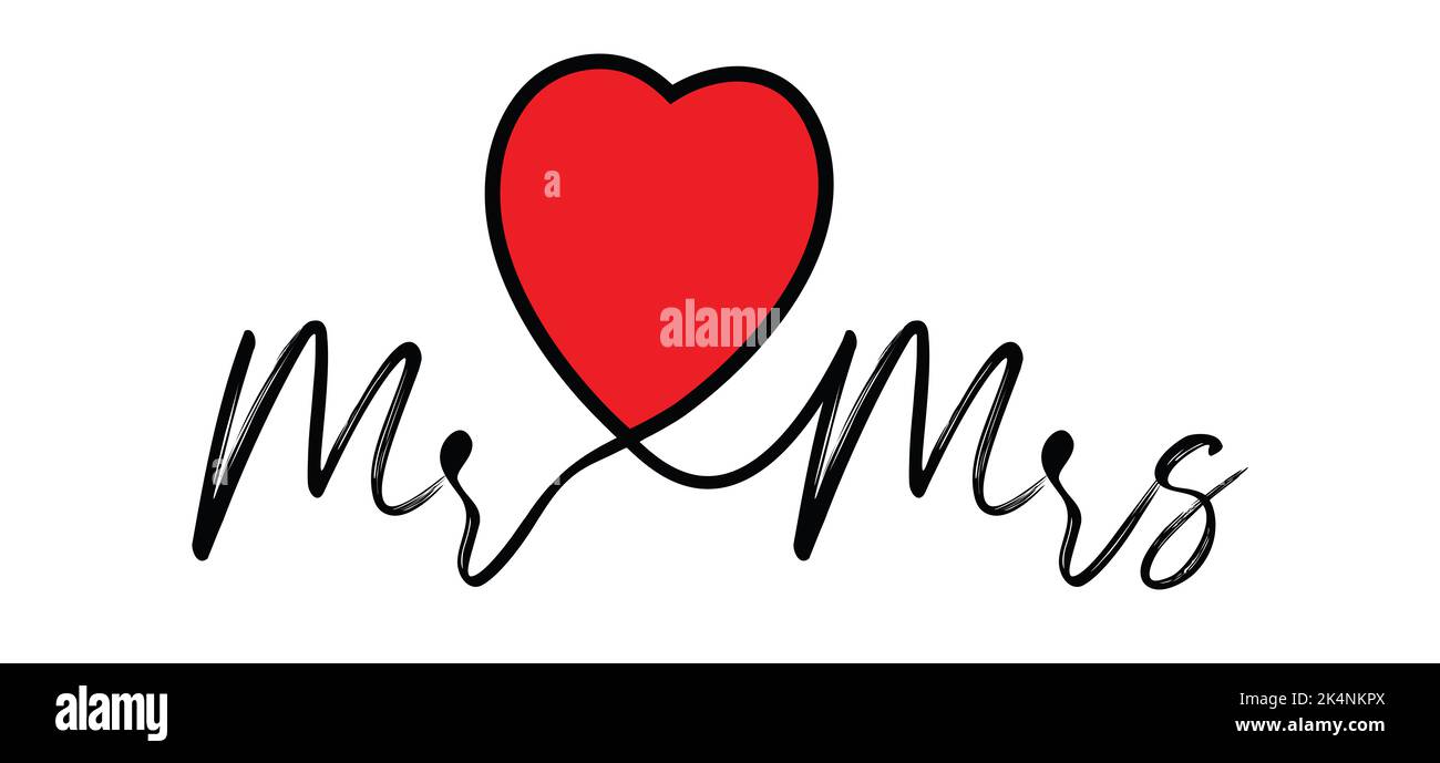MR & Mrs decorazione di nozze con i cuori. Signor e signora per le nozze e gli elementi di invito. Parole di nozze tradizionali. Illustrazione del vettore piatto. Foto Stock