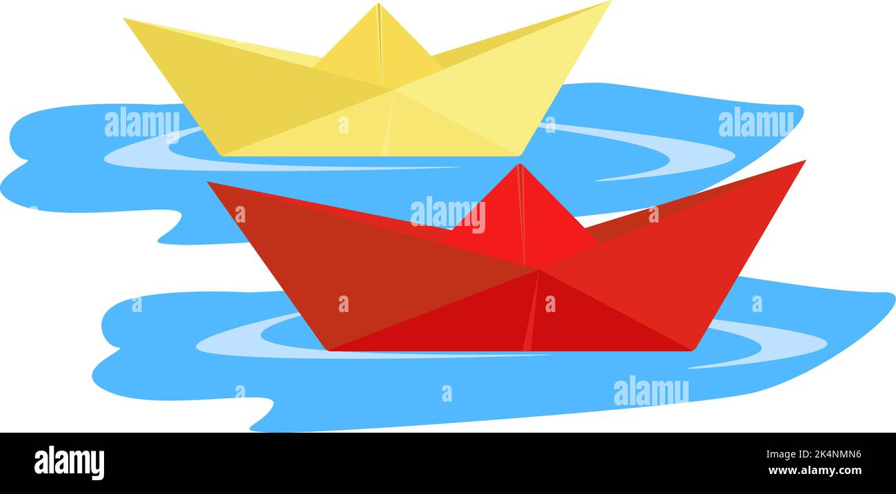 Barche di carta gialla e rossa, illustrazione, vettore su sfondo bianco. Illustrazione Vettoriale