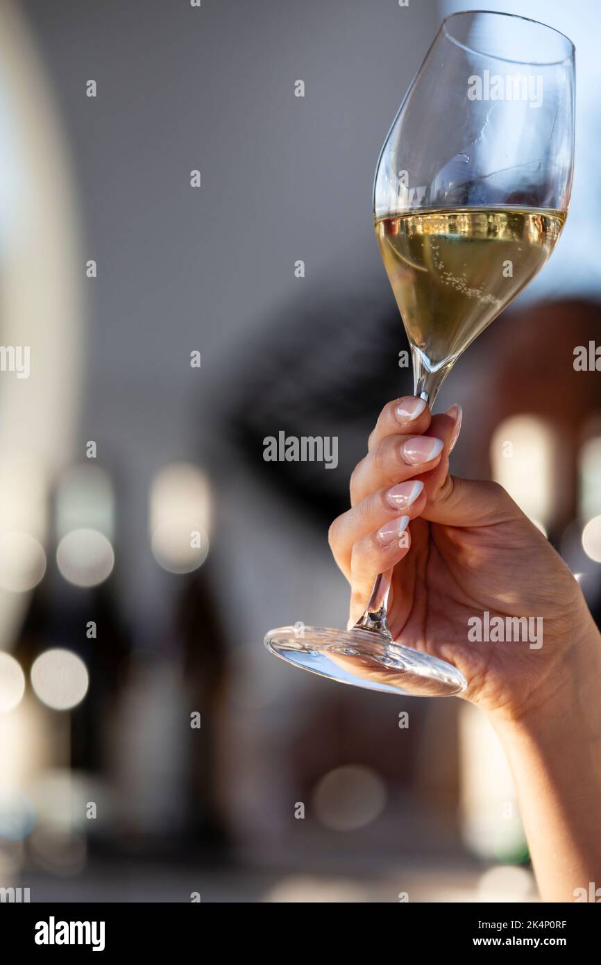 Una mano destra tiene un bicchiere di cristallo con vino bianco Foto Stock