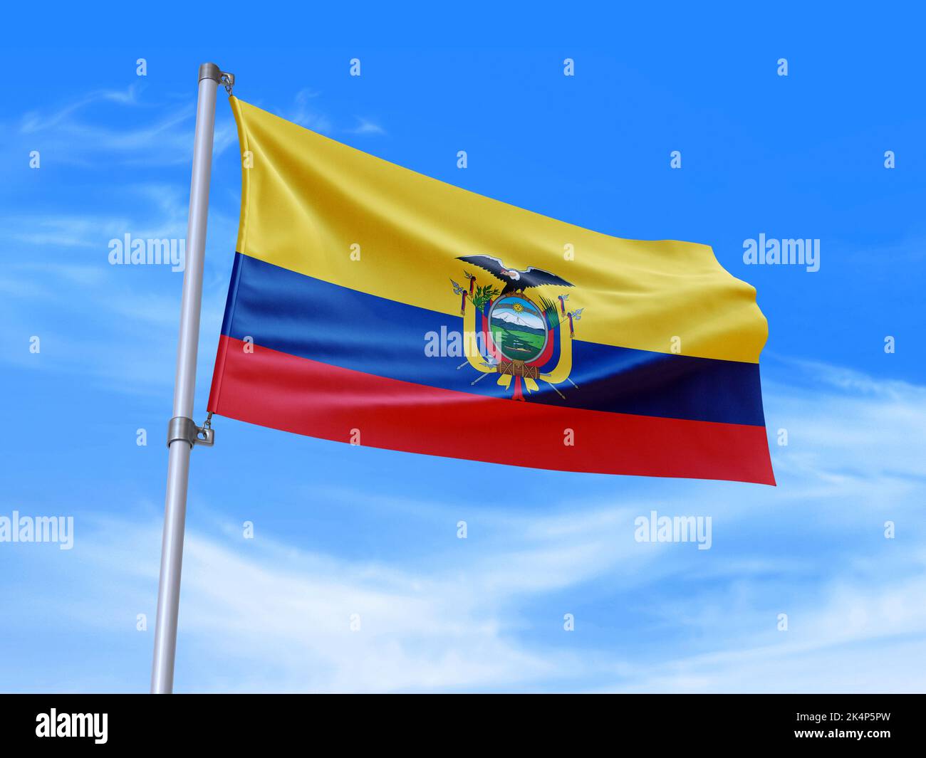 Bella bandiera Ecuador che ondola nel vento con sfondo cielo - 3D illustrazione - 3D rendering Foto Stock