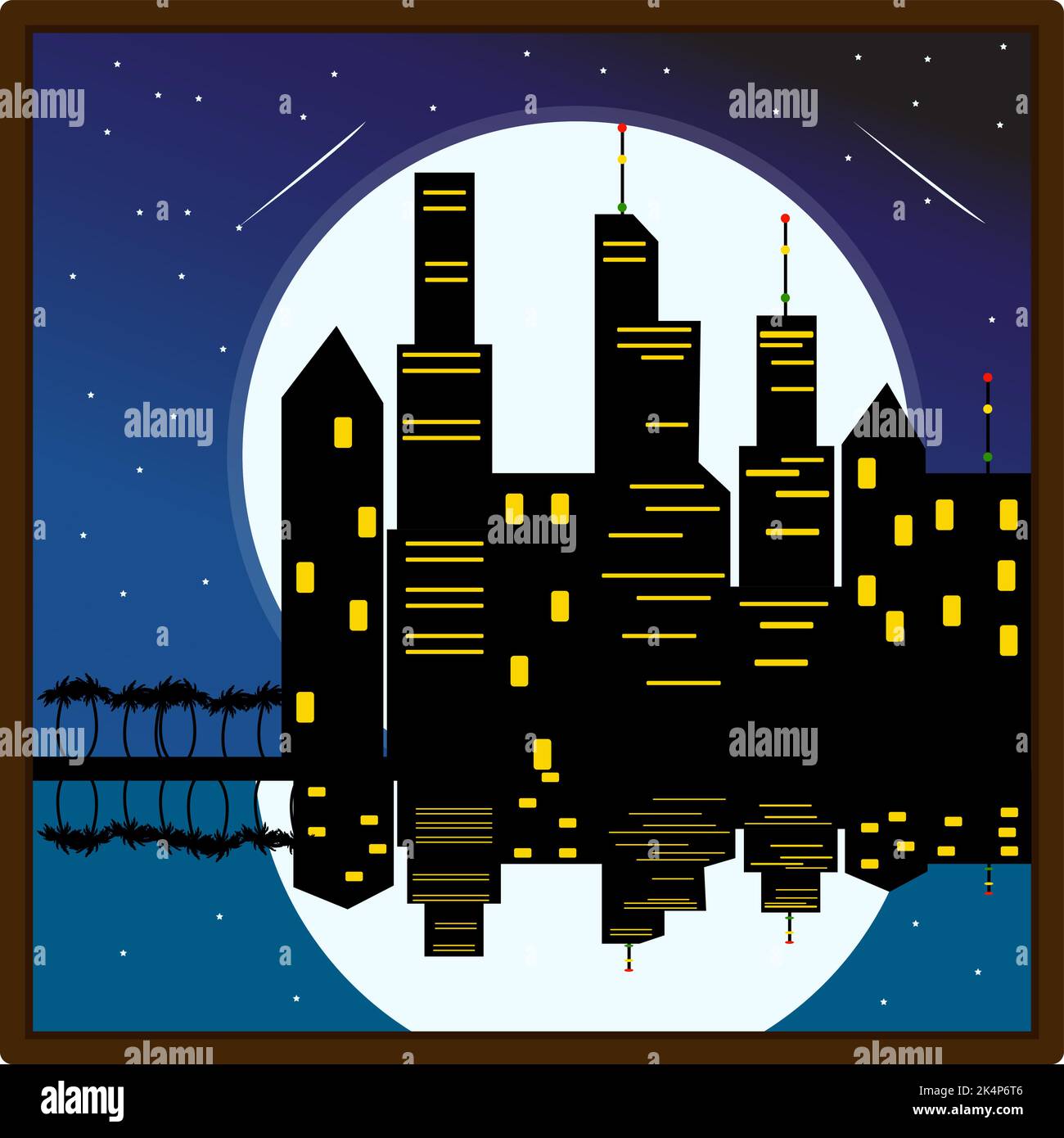 Skyline notturno della città, illustrazione, vettore su sfondo bianco. Illustrazione Vettoriale